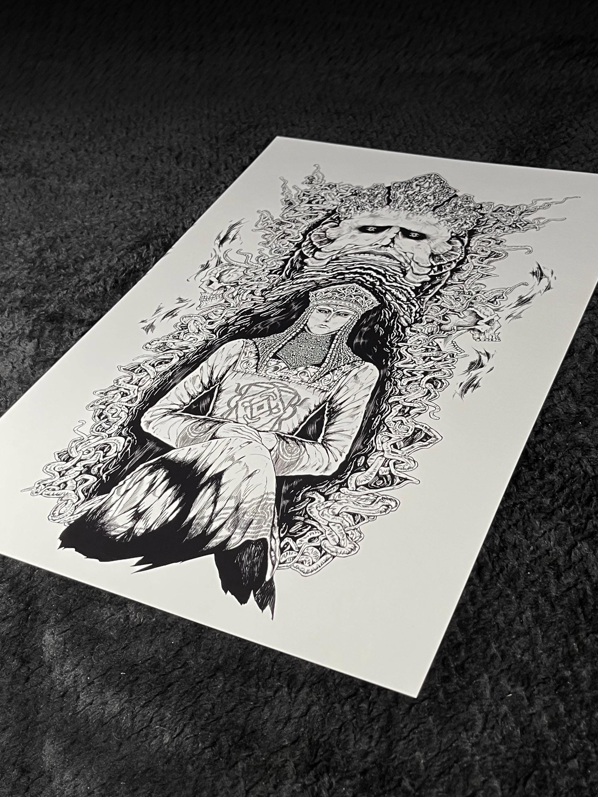 Rykard Art Print | Elden Ring 12x18 Detailed Decor | Monochrome Ink Fantasy | Black and White