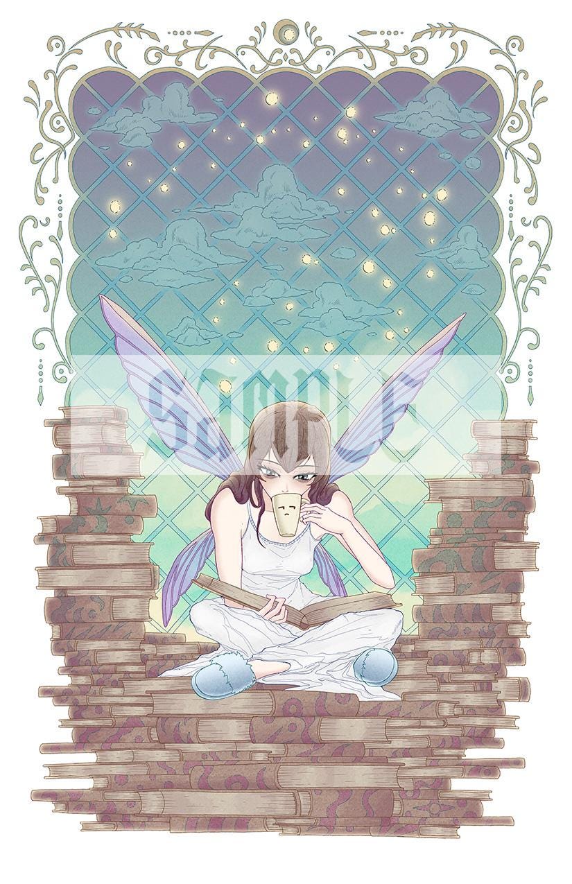 Coffee Pixie Art Print | Pastel Watercolor Cozy Anime | 12x18 Lofi Wall Decor