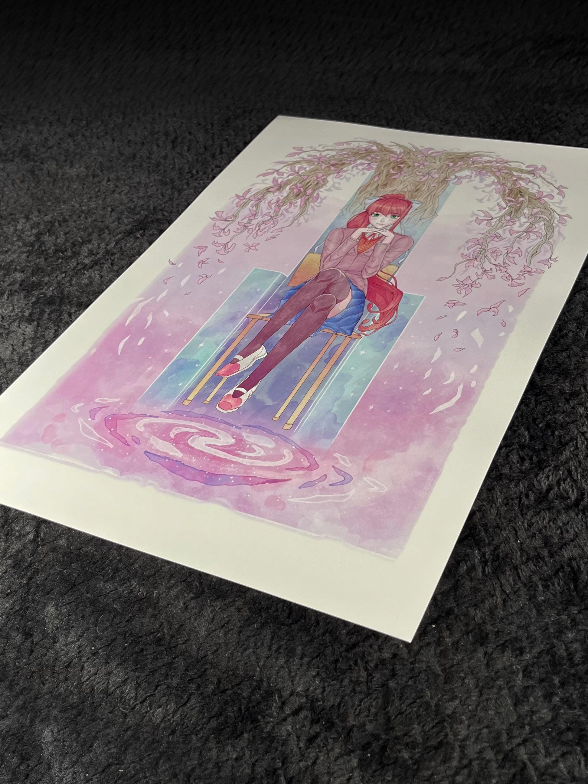 Monika Art Print | Doki Doki Literature Club Poster | Pastel Watercolor Anime 12x18 Decor