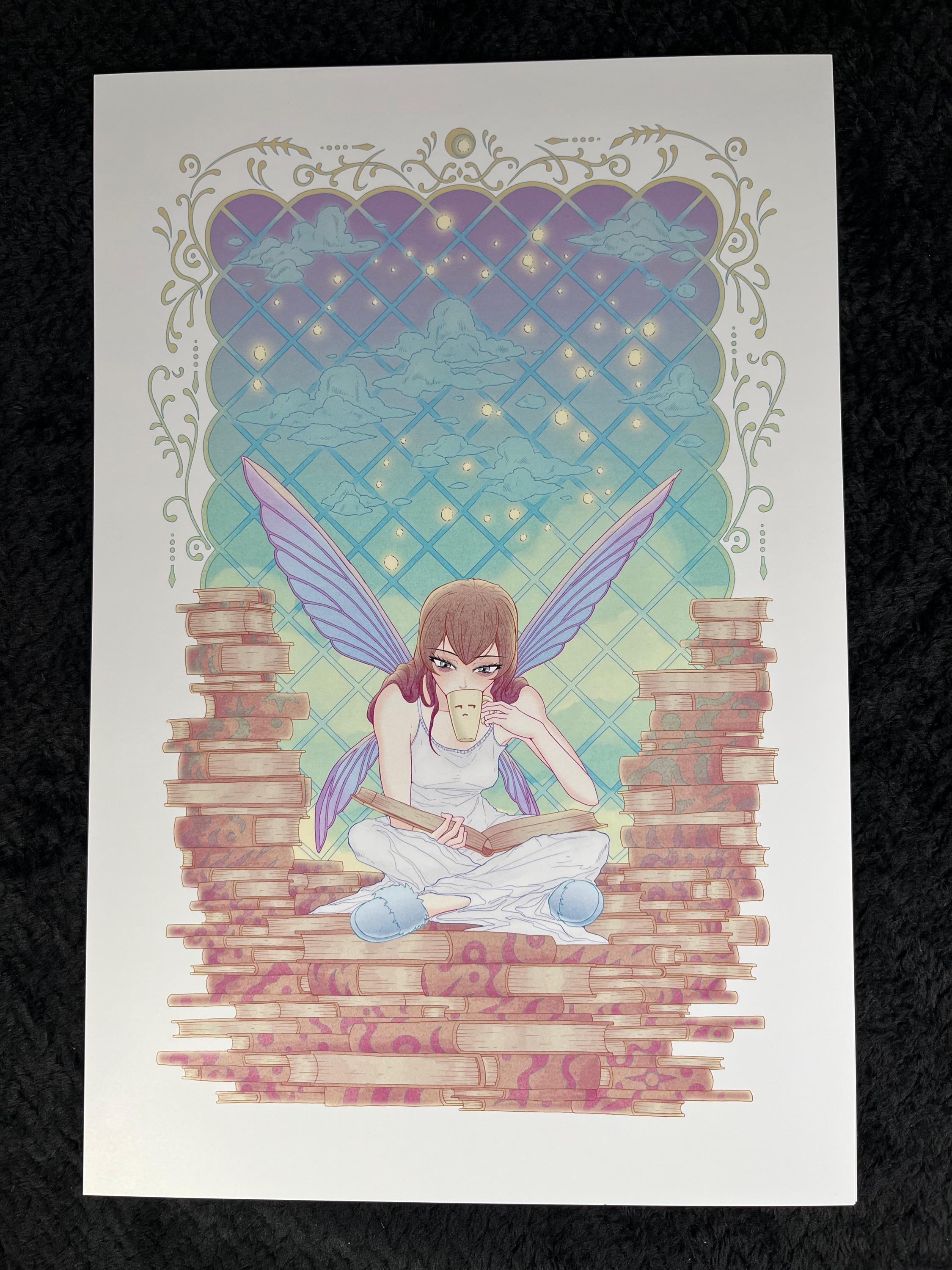 Coffee Pixie Art Print | Pastel Watercolor Cozy Anime | 12x18 Lofi Wall Decor