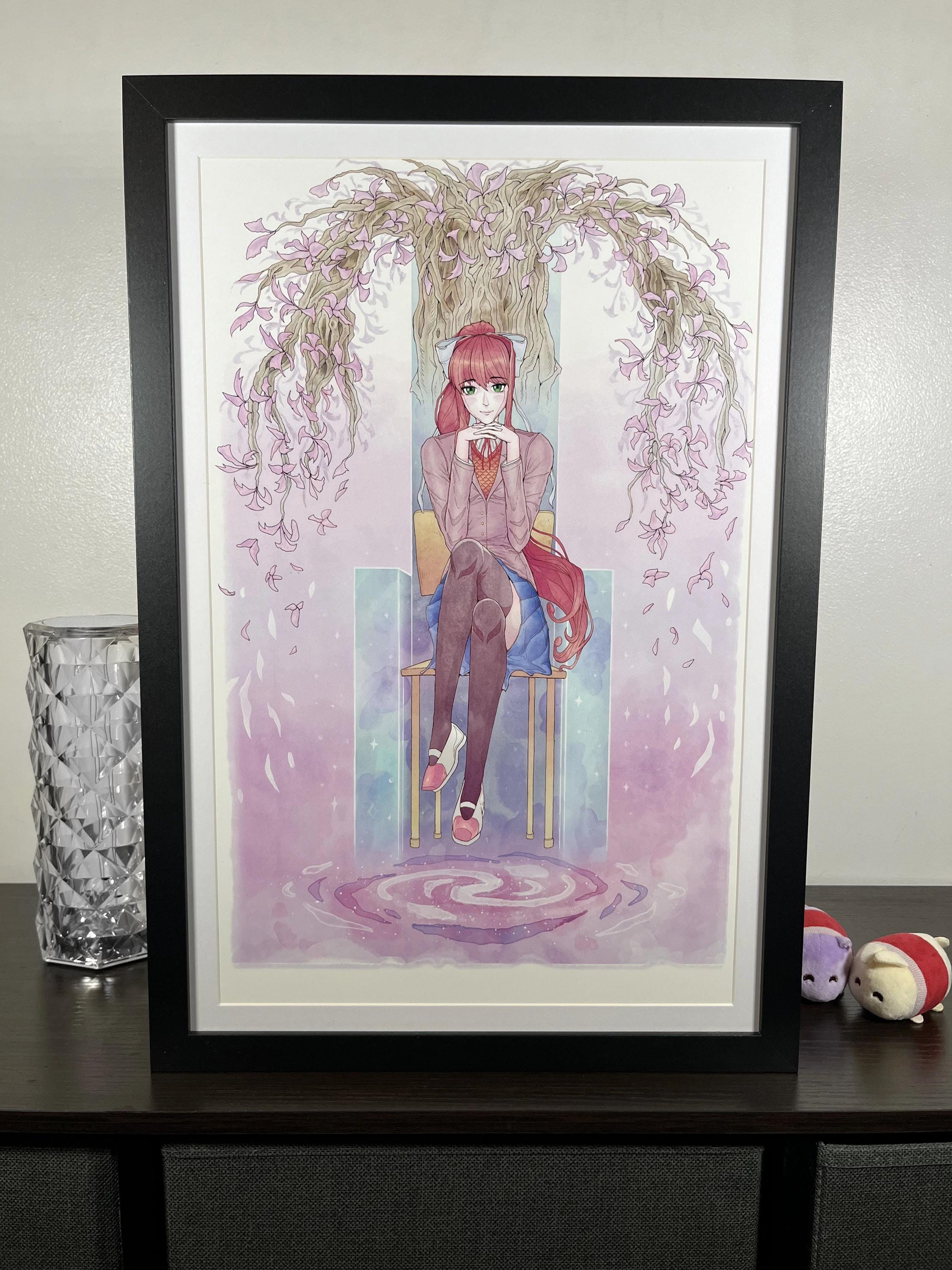 Monika Art Print | Doki Doki Literature Club Poster | Pastel Watercolor Anime 12x18 Decor