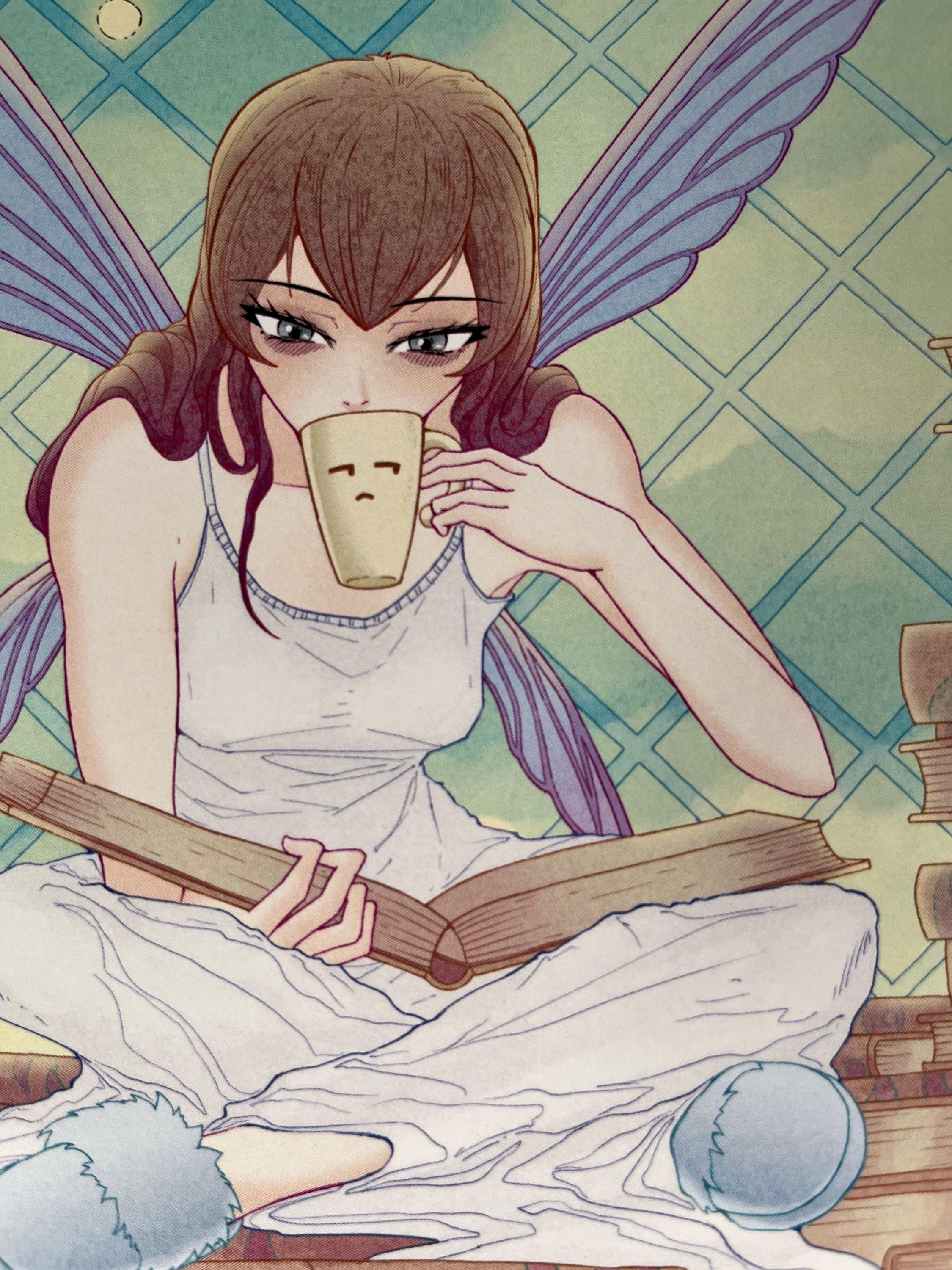 Coffee Pixie Art Print | Pastel Watercolor Cozy Anime | 12x18 Lofi Wall Decor