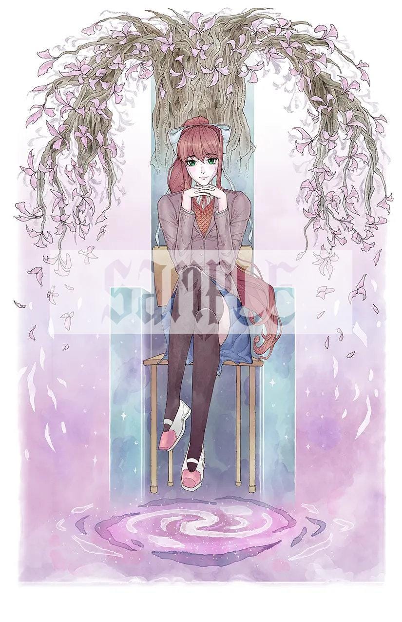 Monika Art Print | Doki Doki Literature Club Poster | Pastel Watercolor Anime 12x18 Decor